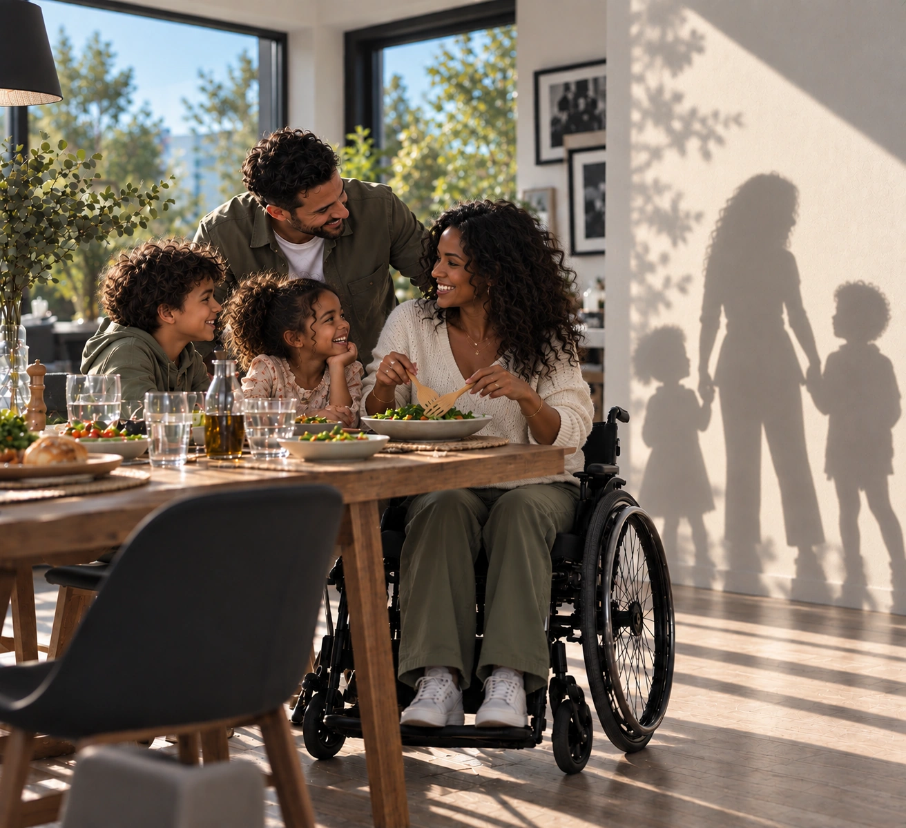 Un repas en famille, avec l’ombre d’une mère debout tenant ses enfants par la main.