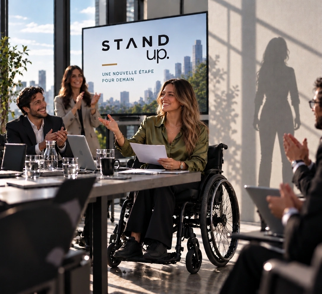 Une femme en réunion devant un écran STAND up., avec son ombre debout sur le mur.
